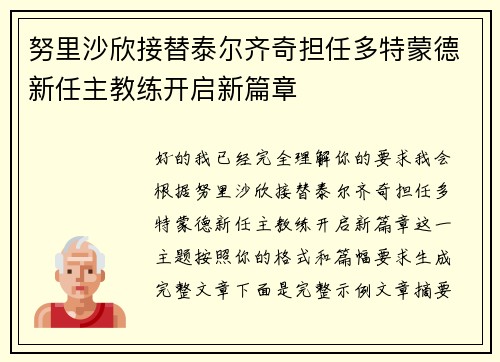 努里沙欣接替泰尔齐奇担任多特蒙德新任主教练开启新篇章 努里沙欣接替泰尔齐奇担任多特蒙德新任主教练开启新篇章