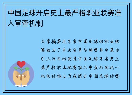 中国足球开启史上最严格职业联赛准入审查机制
